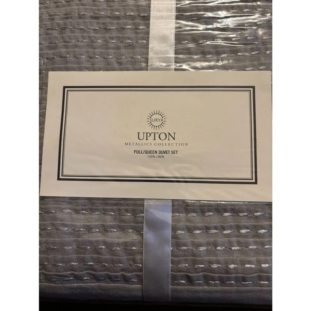 650$ New SURYA Upton Metallic Collection Linen Duvet Set Full/Queen